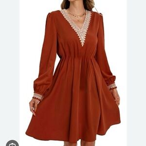 Orange Long Sleeve V-Neck Sundress
